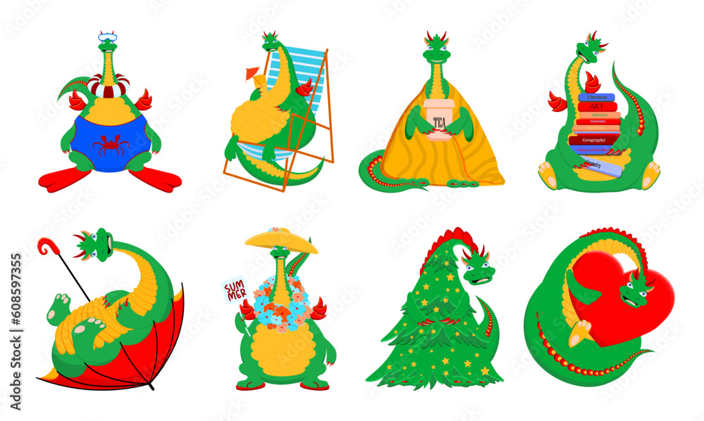 Naklejka premium Fantasy cartoon dragon characters. Year of the green dragon 2024