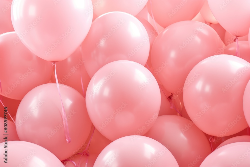 Many pink balloons background. Many pastel pink heart shaped balloons. Concept of happiness, joy, birthday. Generative AI