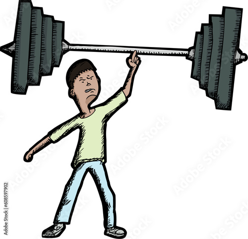 Skinny Latino teen lifts large barbell with finger