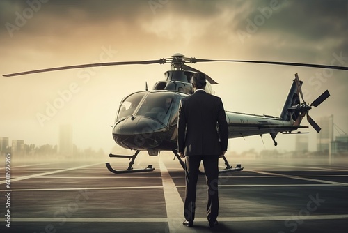 Businessman private helicopter transport. Generate Ai