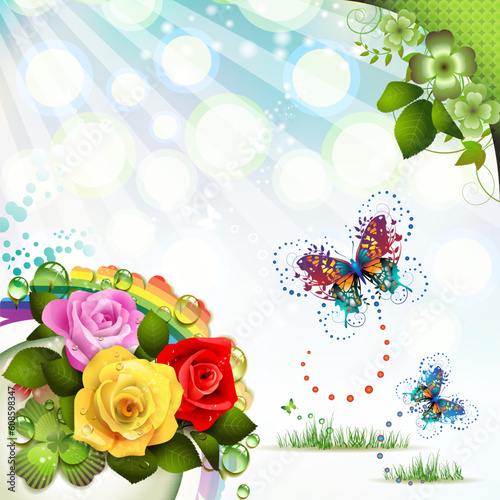 Springtime background with flowers and butterflies