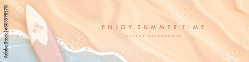 Photography Summer horizontal background with realistic sand, sea and surfboard