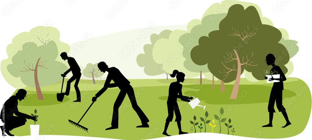 Vector illustration of people working in the garden