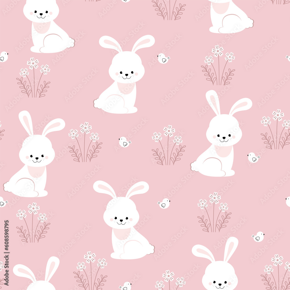 Fototapeta premium Seamless pattern rabbit, bird and flowers. Beautiful Decorative Bunny pink Background, Element for design. Design print for textile.