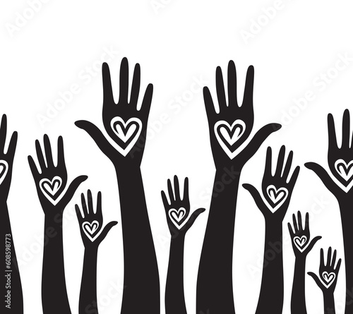 People support hand like heart united seamless background. Vector horizontal pattern illustration .