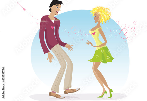 Vector illustration by young couple falling in love shot by Cupid's arrow