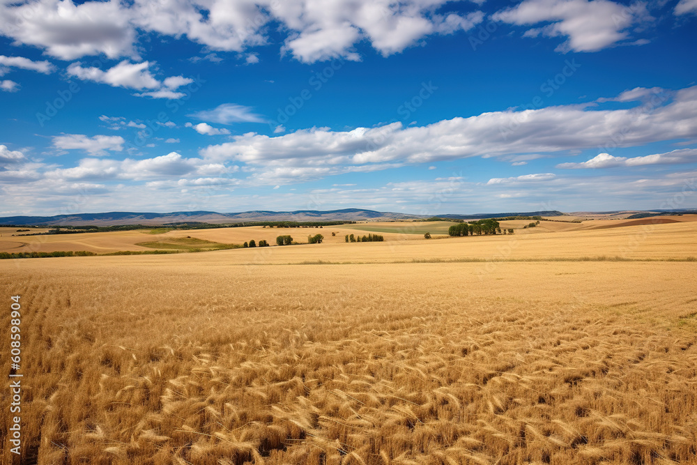 Golden wheat field and blue sky with cirrus clouds.
