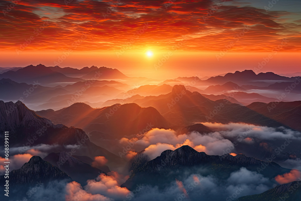 Mountains in low clouds at sunrise in summer. Aerial view of mountain peaks in fog. Beautiful landscape with rocks, forest, orange sun, colorful sky. Top view of mountain valley in clouds. Foggy hills