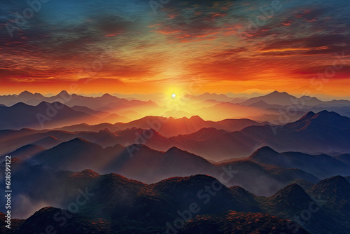 Mountains in low clouds at sunrise in summer. Aerial view of mountain peaks in fog. Beautiful landscape with rocks  forest  orange sun  colorful sky. Top view of mountain valley in clouds. Foggy hills