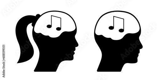 Woman, man head with brain, music note. Listen to music concept illustration.