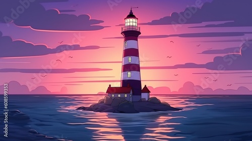Background lighthouse. Banner design highlighting an abstract background and illustration, portraying the majestic presence of a lighthouse amidst the captivating colors of a sunset. Generative AI.