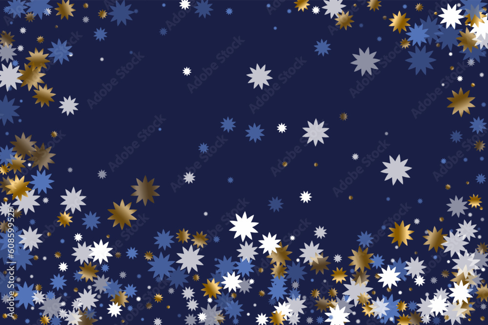 Abstract Christmas star vector ornament graphic design. Gold blue white twinkle decoration.
