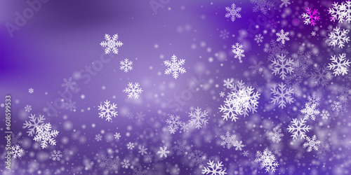 Random flying snowflakes design. Winter fleck crystallic particles. Snowfall weather white purple illustration. Vibrant snowflakes february theme. Snow cold season scenery.