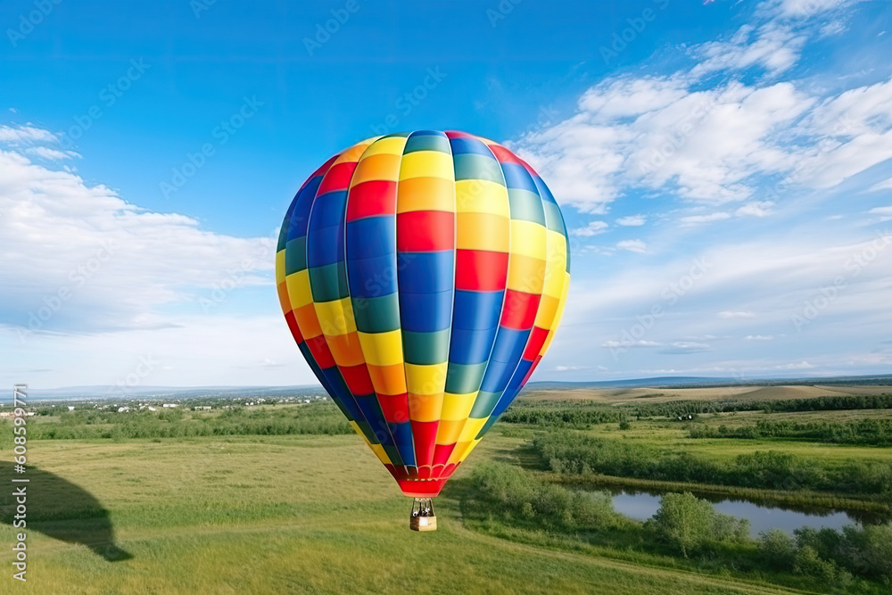 Fototapeta premium Hot air balloon on the green farm on the blue sky background