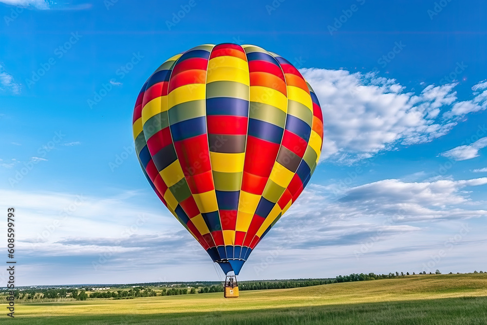 Fototapeta premium Hot air balloon on the green farm on the blue sky background