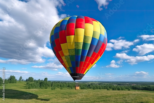 Hot air balloon on the green farm on the blue sky background