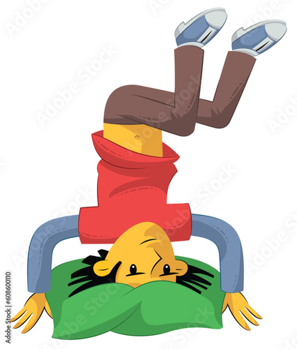 Naughty boy in colorful clothes standing on his head