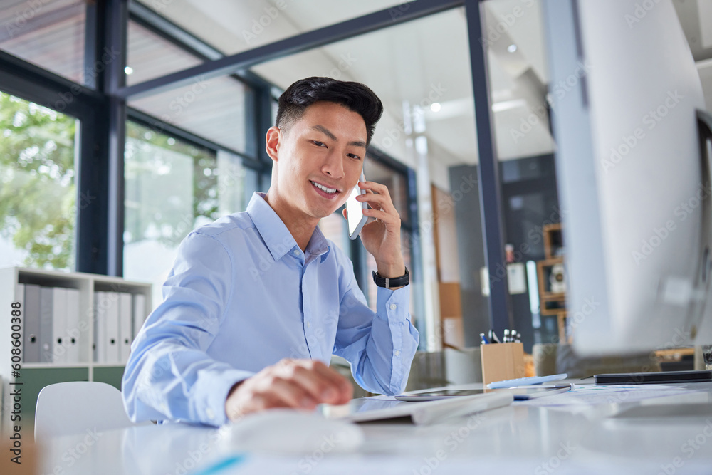 Business man, phone call and computer work of a Asian employee with communication at desk. Mobile, conversation and networking for digital sales and online strategy at a office for startup of worker