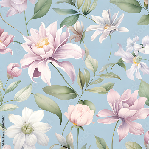 Vintage-inspired seamless pattern illustration, array of delicate flowers in soft pastel hues, intricately arranged on a plain background, evoking a sense of nostalgia, timeless beauty, Generated AI