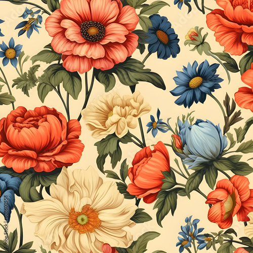 Vintage flower seamless pattern illustration, array of vibrant blooms, reminiscent of old botanical drawings, arranged in a repeating pattern on a neutral background, Generated AI