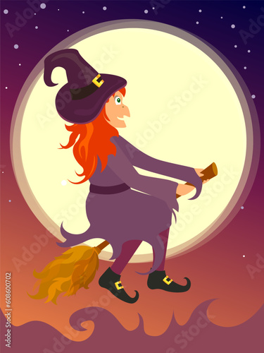 vector illustration of a halloween witch riding on her broom