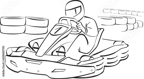 Go kart racing on circuit, black and white illustration
