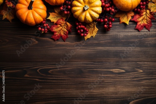 Autumn scene with pumpkins, autumn leaves. Generative AI