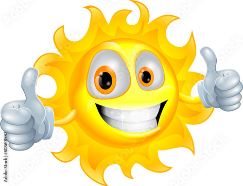 A sun cartoon mascot giving a double thumbs up