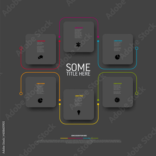 Dark six elements template with white square cards icons and description