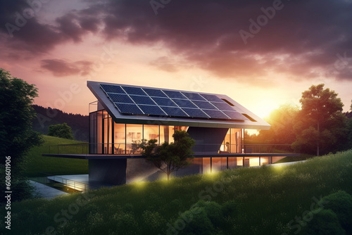 House with rooftop solar panel. Modern, eco-friendly power. Generative Ai.