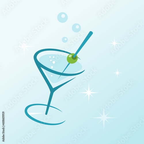 Illustrated dry martini drink with stars around and olive on toothpick