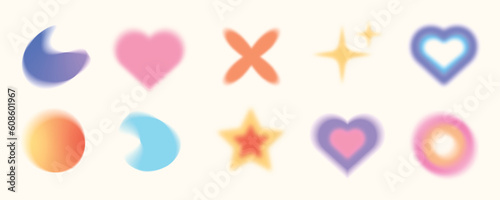 Trendy blurred gradient gradient shapes, colorful soft gradients. Various geometric forms with blurring effect vector set. Y2k aura aesthetic.