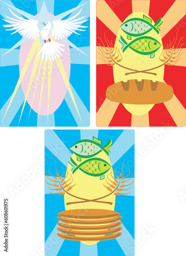 A set of Christian symbols or Christian themed art work representing peace, the  holy spirit, and the miracle of the few fish and bread that were multiplied for the masses. Comes in both traditional a