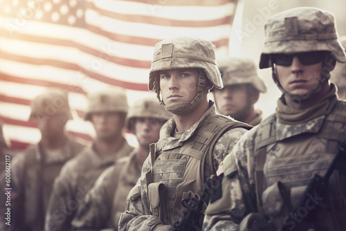 Illustration of group of us army soldiers over us flag photo