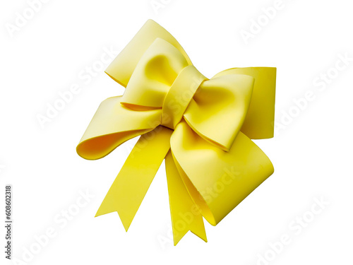 Beautiful yellow bow gift ribbon, isolated, transparent background.