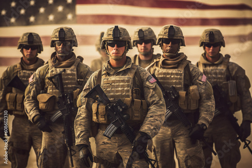 Illustration of group of us army soldiers over us flag