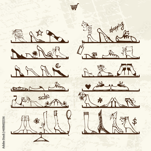 Shoes shop, boots on shelves, sketch for your design