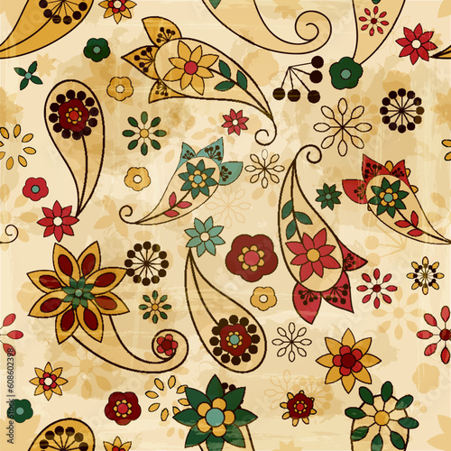 vector seamless spring pattern, paisley elements and flowers, old paper texture