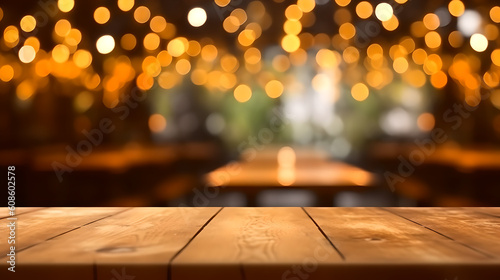 Empty wooden table with lights bokeh on blur restaurant background for product placement or montage with focus to table top. Generative Ai