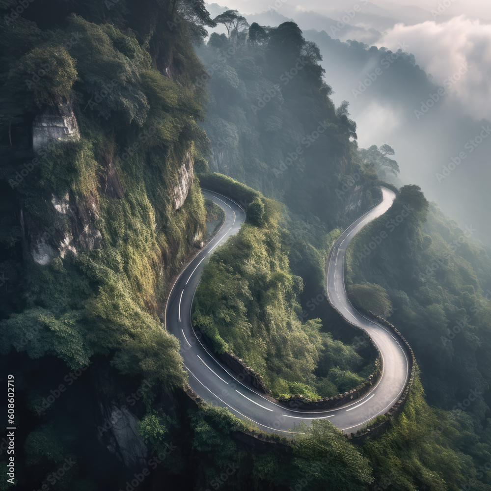 In mountainous environments with mountains; You can see a remote highway from the car driving In mountainous environments with mountains; You can see a remote highway from the car driving