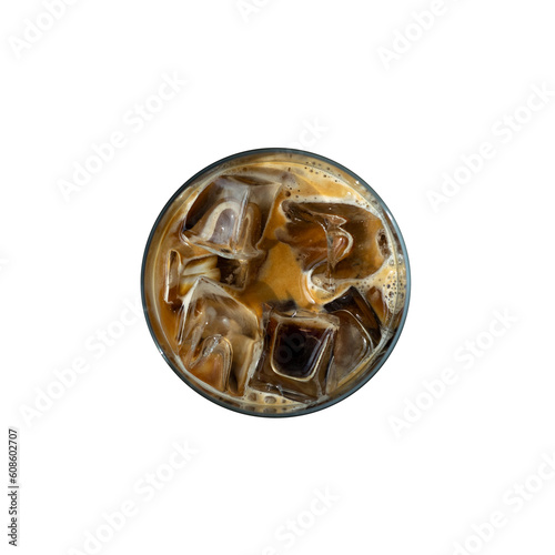 Iced coffee in plastic cup on white table with shadow and black background
