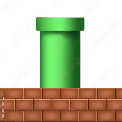 3D Brick Wall and Green Pipe Cute Cartoon Vector