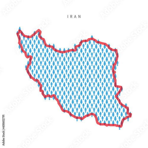 Iran population map. Stick figures Iranian people map with bold red translucent country border. Pattern of men and women icons. Isolated vector illustration. Editable stroke.