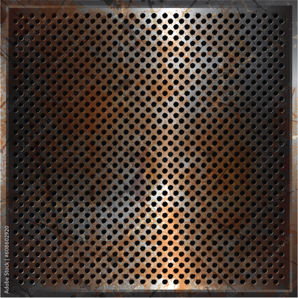 Perforated metal background with a grunge rusty texture