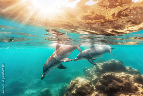 Illustration of couple dolphins swimming underwater shot