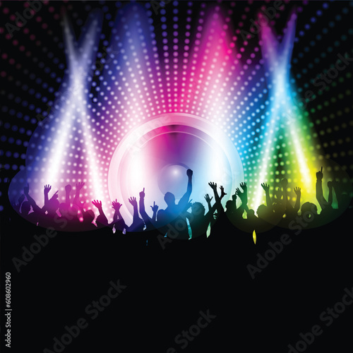 Silhouette of an excited party crowd on a music speaker background