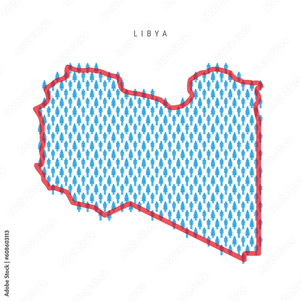 Libya population map. Stick figures Libyan people map with bold red