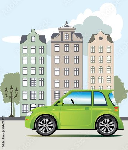 Ecological friendly green car parked on the street, vector illustration included Eps v8 and 300 dpi JPG