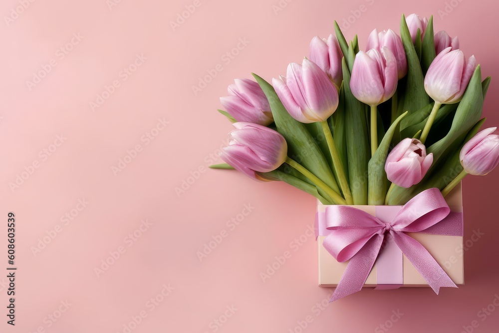 Top view photo of stylish pink giftbox with ribbon bow. Generative AI