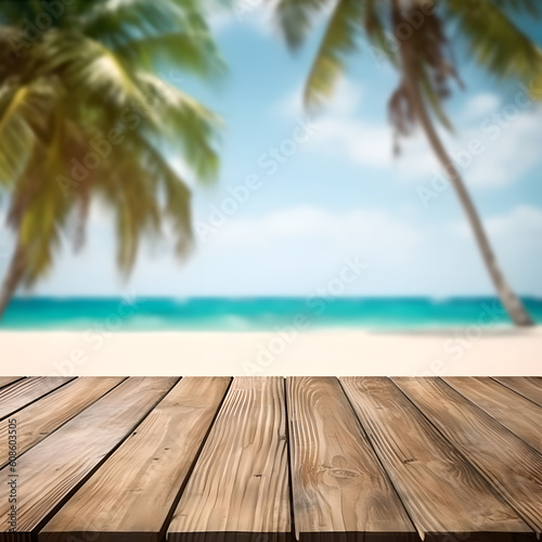 Empty wooden table on a beautiful tropical beach background. summer sea beach palm tree with wooden table foreground space for advertising products. Generative Ai © AspctStyle